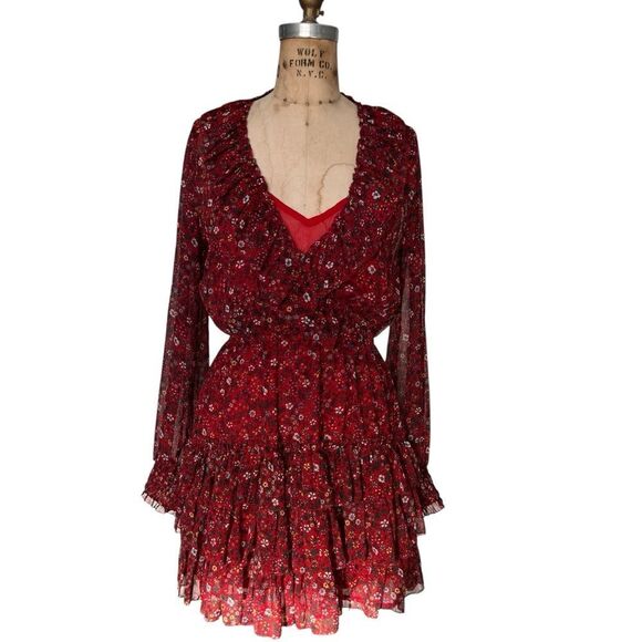 Pepe Jeans Red Floral Ruffle V-Neck Dress Size Small - Picture 1 of 7